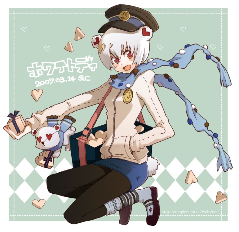 chiba sadoru, sencha, original, 1girl, animal ears, aqua background, black pantyhose, blue scarf, box, fashion, female focus, gift, gift box, hand in pocket, hat, heart, heart-shaped eyes, heart-shaped pupils, holding, holding gift, looking at viewer, pantyhose, scarf, short hair, socks over pantyhose, solo, striped clothes, striped pantyhose, stuffed animal, stuffed toy, sweater, symbol-shaped pupils, teddy bear, white hair