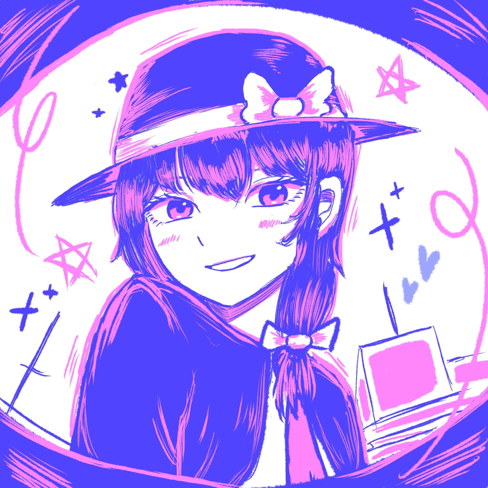 usami renko, touhou, highres, 1girl, black capelet, black eyes, black hair, black hat, blush, bow, capelet, city, fedora, fisheye, grin, hair between eyes, hair ribbon, happy, hat, hat bow, heart, multicolored eyes, necktie, red eyes, ribbon, shirt, short hair, simple background, smile, solo, star (symbol), white ribbon, white shirt, wrell