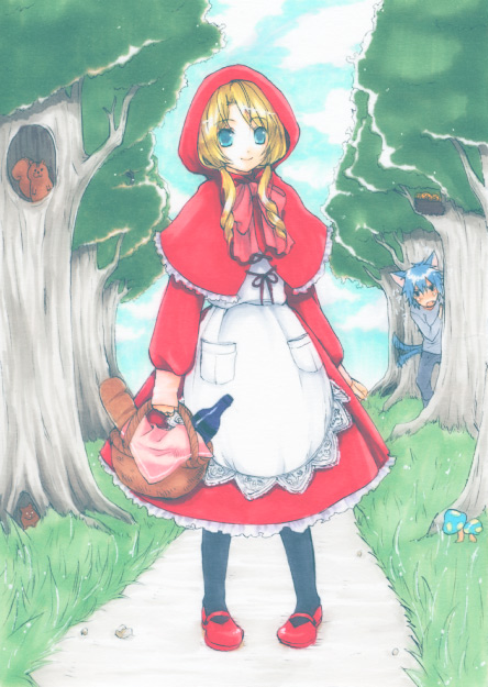 usashiro mani, big bad wolf, little red riding hood (fairy tale character), little red riding hood (fairy tale), original, black legwear, 1boy, 1girl, apple, apron, blonde hair, blue eyes, blue hair, bottle, bread, cape, capelet, dress, female focus, food, forest, fruit, grass, hood, mary janes, matching hair/eyes, mushroom, nature, red cape, red dress, red shoes, shoes, solo, squirrel, tree