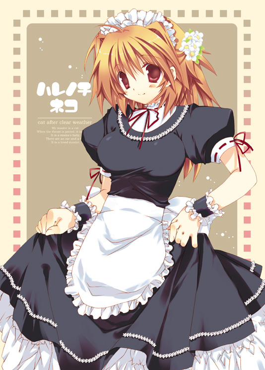takanae kyourin, tagme, blonde hair, flower, long hair, maid, red eyes, solo