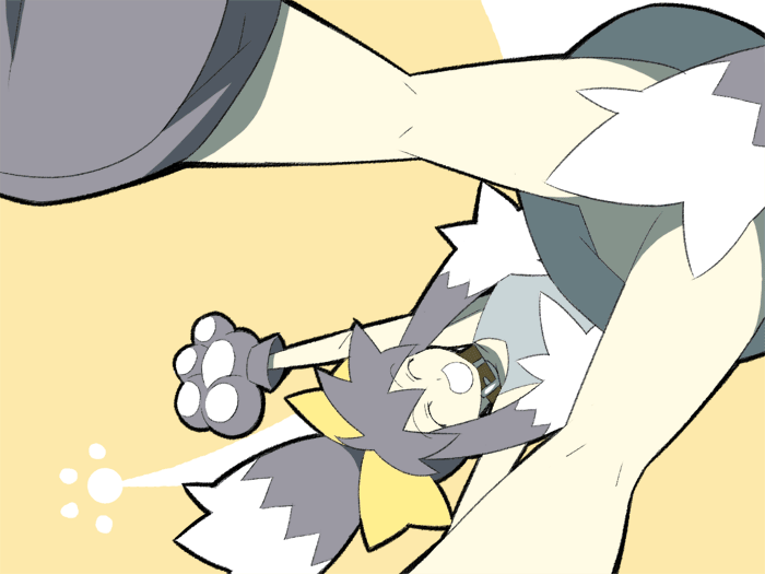 itsumo nokoru, nt-tan, futaba channel, os-tan, archived source, 1girl, animal collar, animal ears, animal hands, anime coloring, aqua dress, arms up, belt buckle, black outline, blue fur, blue hair, blue shoes, blue tail, bow, buckle, closed eyes, collar, dog ears, dog tail, dress, floppy ears, foreshortening, gloves, hair bow, happy, kneepits, long hair, multicolored hair, outline, paw gloves, paw print, red collar, shoes, simple background, solo, tail, teeth, thick outlines, two-tone fur, two-tone gloves, two-tone hair, two-tone tail, upside-down, white fur, white hair, white tail, yellow background, yellow bow