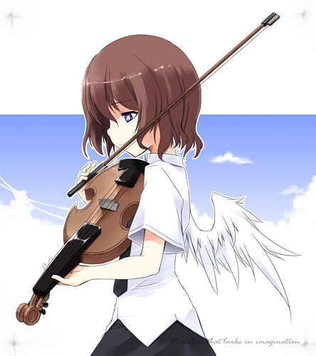 sakuraba yuuki, shameimaru aya, usami renko, touhou, lowres, 1girl, alternate wings, brown hair, expressionless, female focus, instrument, looking afar, necktie, no headwear, profile, shirt, short hair, skirt, sky, solo, violin, wings