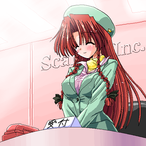 yamu (reverse noise), hong meiling, touhou, lowres, 1girl, black bow, bow, braid, closed eyes, contemporary, female focus, formal clothes, green hat, hair bow, hat, long hair, oekaki, pant suit, pants, phone, red hair, solo, suit, twin braids