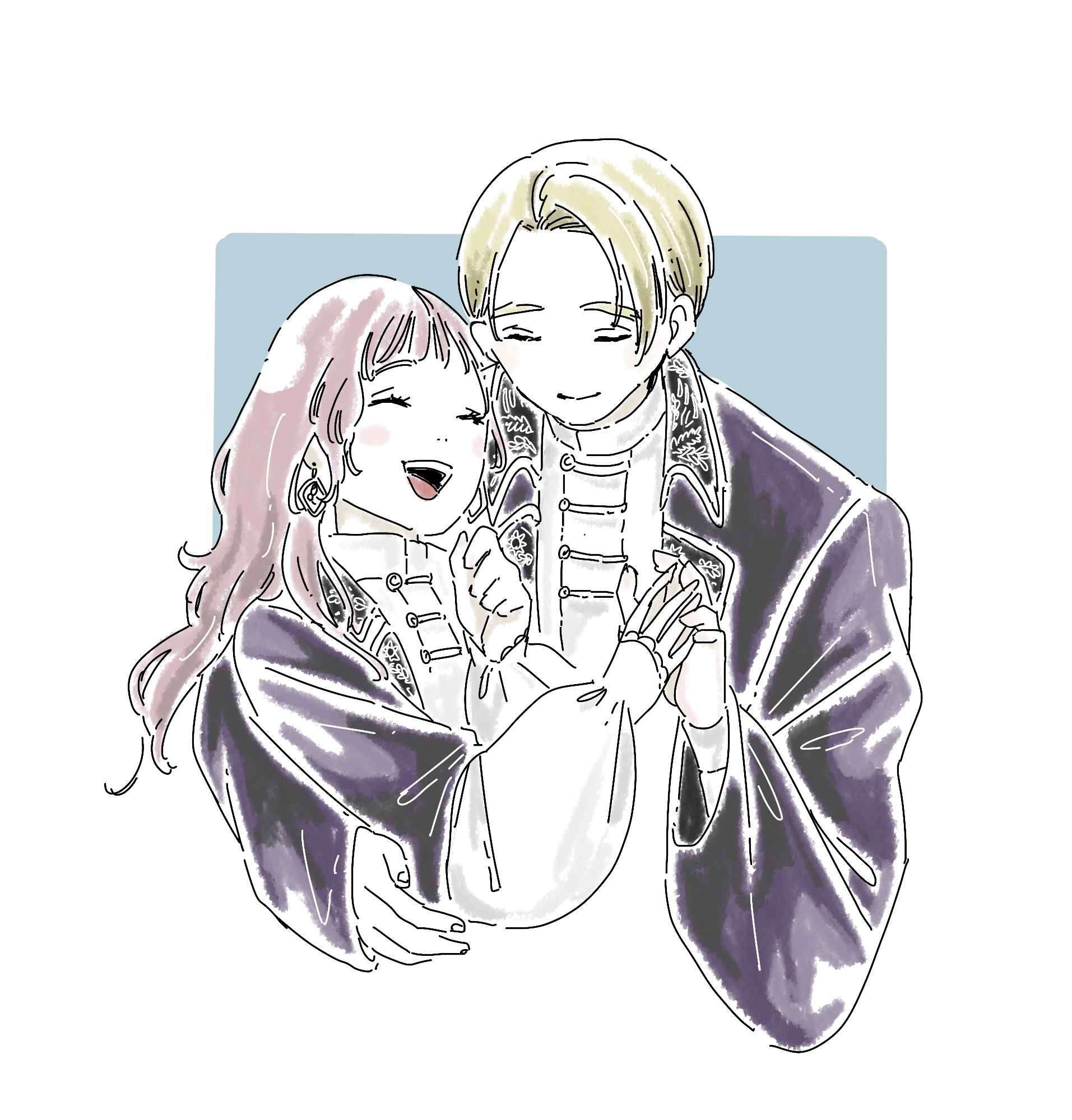 highres, 1boy, 1girl, :d, blonde hair, brown hair, closed eyes, earrings, hand up, haru (pixiv69783697), hetero, jewelry, laughing, long hair, open mouth, oriana elsha, shi ni modori no mahou gakkou seikatsu o moto koibito to puroroogu kara (tadashi kou kando wa zero), simple background, sketch, smile, upper body, vincent tanzine