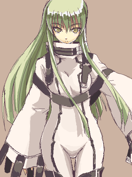 eight, c.c., code geass, eyebrows, md5 mismatch, 00s, 1girl, bodysuit, female focus, green hair, long sleeves, looking at viewer, looking back, outstretched arms, robe, sidelocks, solo, standing, straitjacket, thigh gap, thighs, tsurime, turtle, wide sleeves, yellow eyes