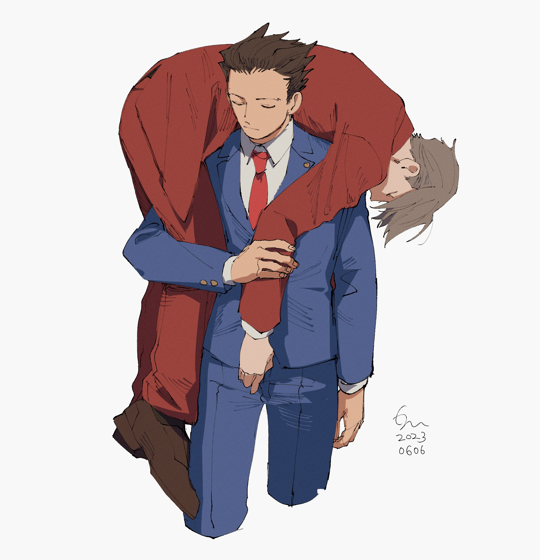 erm nkcn, miles edgeworth, phoenix wright, ace attorney, commentary request, highres, 2boys, blue jacket, blue pants, carrying over shoulder, closed mouth, collared shirt, cropped torso, grey hair, jacket, male focus, multiple boys, necktie, pants, red jacket, red necktie, red pants, shirt, short hair, simple background, white shirt