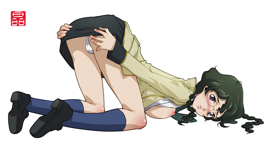 sonobe kazuaki, nina einstein, code geass, 00s, 1girl, ass, black hair, blue eyes, blush, braid, breasts, female focus, glasses, kneehighs, legs, long hair, no bra, open clothes, open shirt, panties, pantyshot, pencil skirt, school uniform, serafuku, shirt, skirt, socks, solo, top-down bottom-up, twin braids, underwear, upskirt, white panties