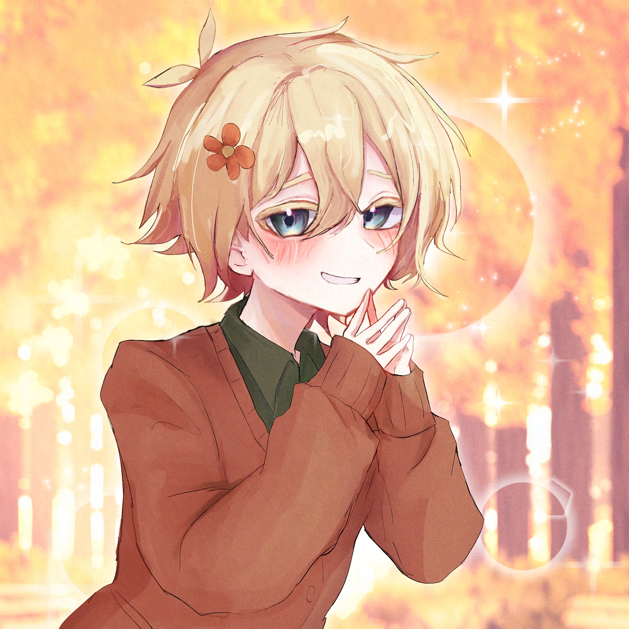 basil (faraway) (omori), basil (omori), omori, highres, 1boy, alternate costume, antenna hair, blonde hair, blue eyes, blurry, blurry background, blush, brown sweater, collared shirt, flower, green shirt, grin, hair flower, hair ornament, lens flare, long sleeves, looking at viewer, male focus, own hands together, parted lips, shirt, smile, solo, sweater, teeth, upper body, zutuunchi
