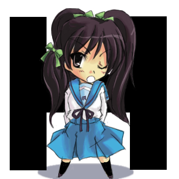 suzumiya haruhi, suzumiya haruhi no yuuutsu, lowres, 00s, 1girl, brown hair, chibi, female focus, long hair, long sleeves, one eye closed, school uniform, serafuku, solo, tri tails, wink
