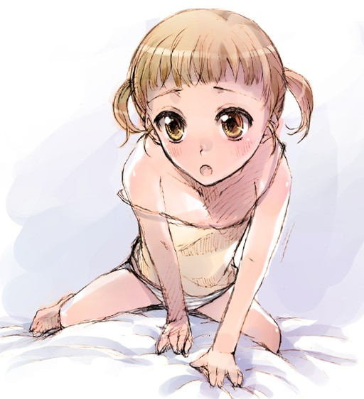 mignon, original, md5 mismatch, 1girl, :o, barefoot, bed sheet, blonde hair, blush, brown eyes, camisole, fang, female focus, grey panties, open mouth, panties, sketch, solo, strap slip, striped clothes, striped panties, twintails, underwear, white panties