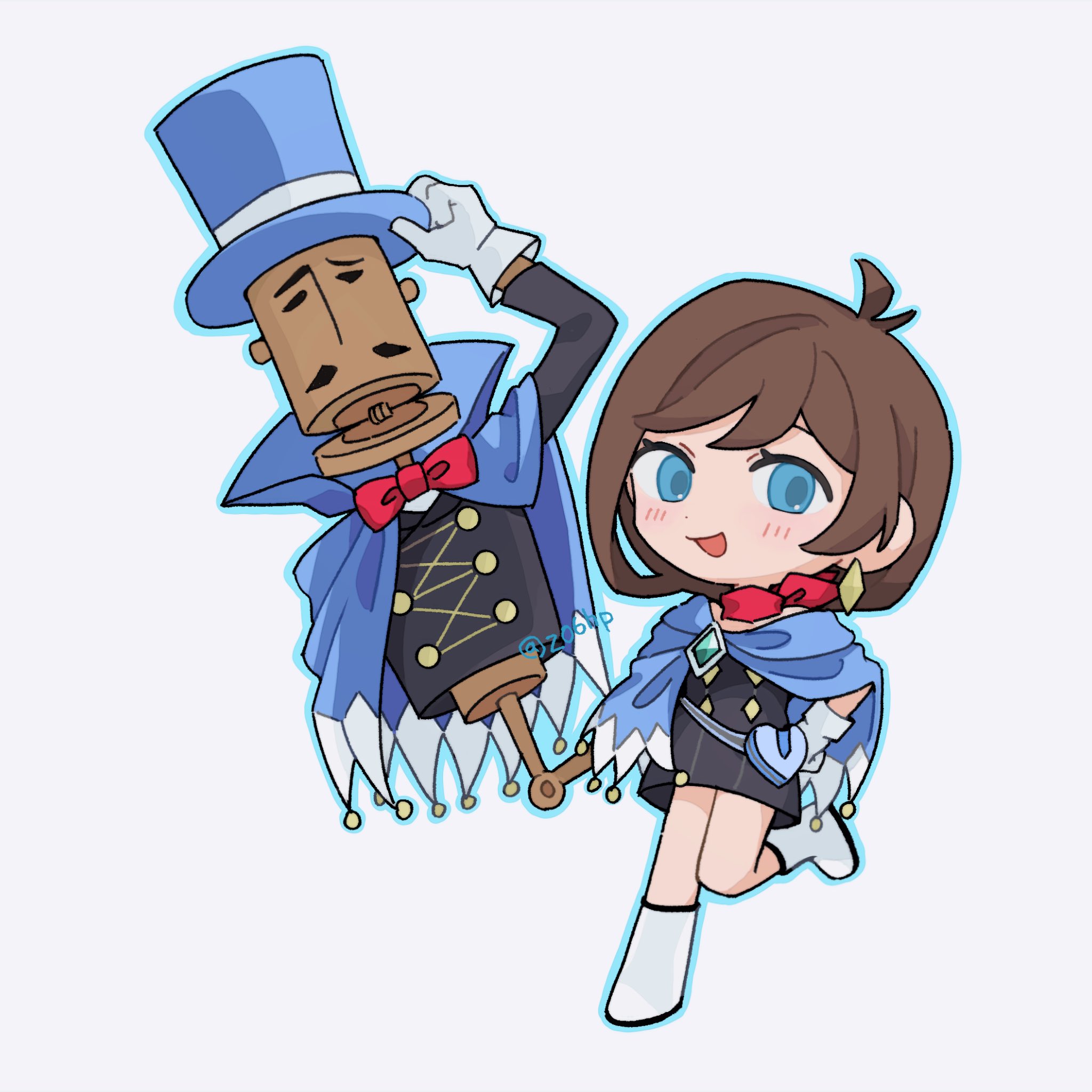 sebon (sebochin), trucy wright, ace attorney, apollo justice: ace attorney, highres, 1girl, antenna hair, blue cape, blue eyes, blue hat, boots, brown hair, cape, chibi, chibi only, earrings, gloves, hat, jewelry, looking at viewer, mr hat (ace attorney), open mouth, short hair, smile, solo, top hat, twitter username, white boots, white gloves