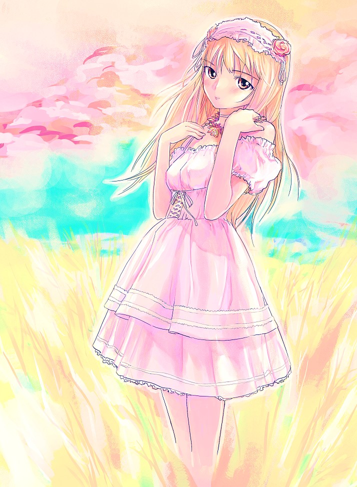 mekarauroko, original, 1girl, beret, blonde hair, blue eyes, blush, dress, female focus, hat, head tilt, long hair, looking at viewer, outdoors, pink dress, puffy short sleeves, puffy sleeves, short sleeves, smile, solo, standing