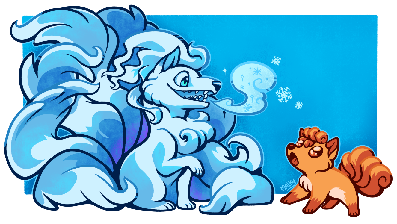 malky (malkshake), alolan ninetales, vulpix, nintendo, pokemon, alolan form, blue eyes, border, breath weapon, breathing ice, gen 1 pokemon, gen 7 pokemon, no humans, open mouth, pokemon (creature), sharp teeth, snowflakes, surprised, teeth, white border