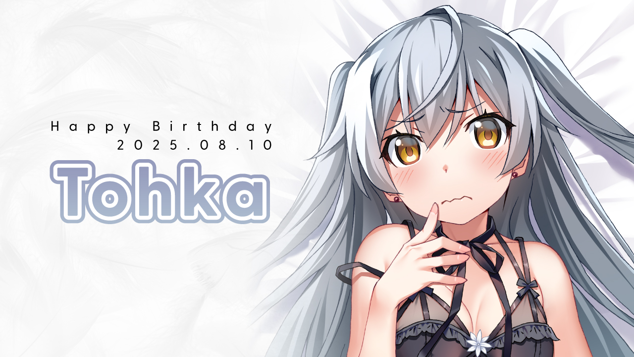 watanabe akio, shishigaya touka, grisaia (series), grisaia phantom trigger, official art, second-party source, 1girl, ahoge, bed sheet, black bra, blush, bra, breasts, character name, cleavage, closed mouth, collared shirt, dated, earrings, embarrassed, grey hair, hair between eyes, hand on own face, happy birthday, jewelry, lingerie, long hair, looking at viewer, medium breasts, multi-strapped bra, shirt, solo, strap slip, stud earrings, two side up, underwear, upper body, yellow eyes