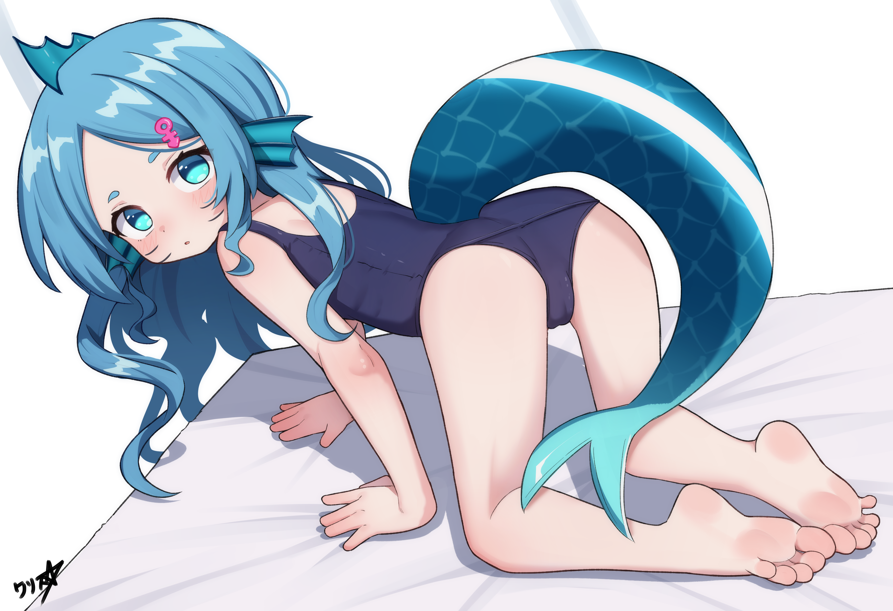 boppin, indie virtual youtuber, absurdres, commentary, commission, english commentary, highres, paid reward available, 1girl, all fours, ass, barefoot, blue eyes, blue hair, blue one-piece swimsuit, feet, fins, head fins, long hair, looking at viewer, looking back, one-piece swimsuit, parted bangs, school swimsuit, soles, solo, swimsuit, tail, toes