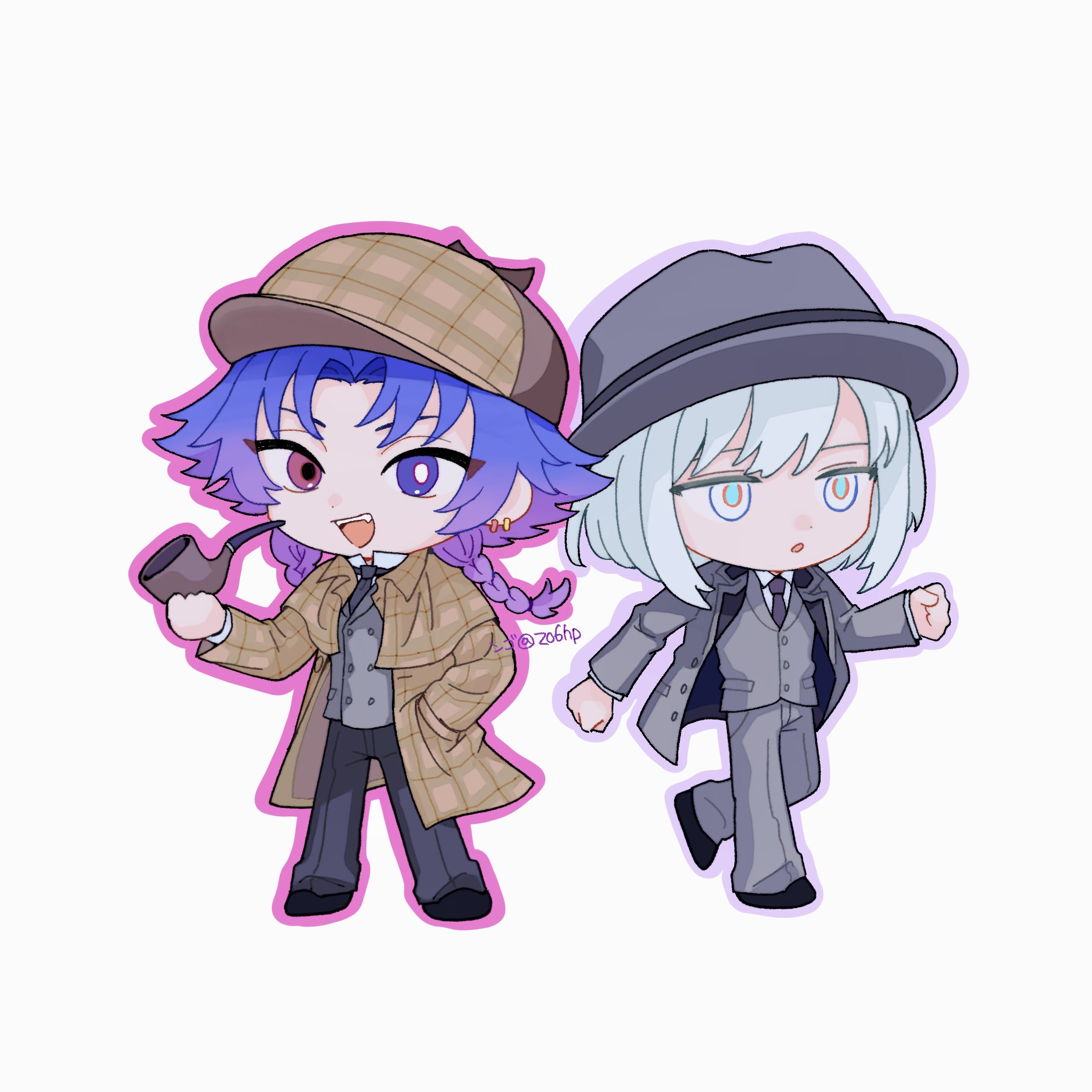 sebon (sebochin), copyright request, highres, 2boys, black necktie, black pants, braid, bright pupils, character name, chibi, chibi only, ear piercing, fang, fedora, grey eyes, grey hair, grey hat, grey pants, hand in pocket, hat, heterochromia, holding, holding smoking pipe, jacket, low twin braids, male focus, medium hair, multiple boys, necktie, open mouth, pants, parted lips, piercing, pink eyes, purple eyes, purple hair, short hair, simple background, smoking pipe, suit jacket, teeth, tweed, twin braids, twitter username, upper teeth only, white background, white pupils