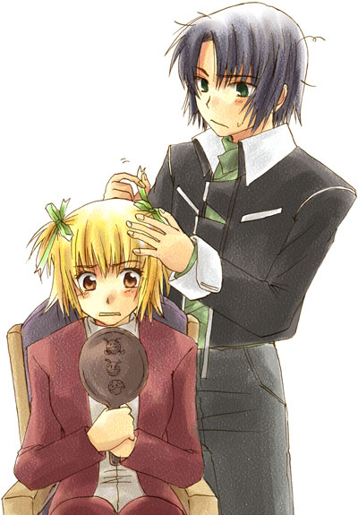 athrun zala, cagalli yula athha, gundam, gundam seed, gundam seed destiny, 00s, 1boy, 1girl, black hair, blonde hair, blunt bangs, brown eyes, butler, chair, cowboy shot, formal clothes, hairdressing, long sleeves, mirror, short hair, simple background, standing, suit, surprised, white background, wide-eyed