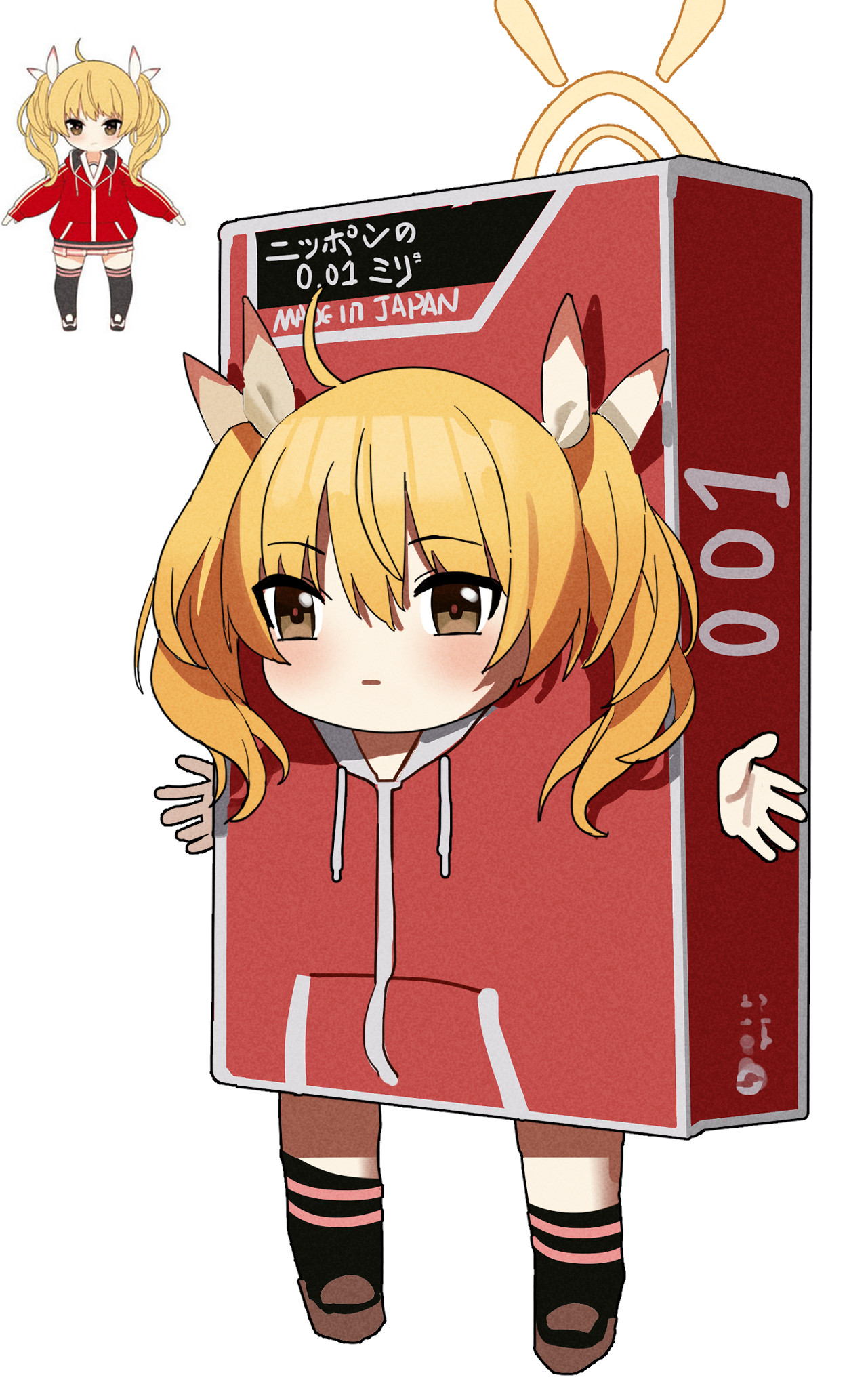 feipin zhanshi, yoshimi (blue archive), blue archive, twitter, 1girl, alternate costume, blonde hair, brown eyes, chibi, condom box, full body, halo, simple background, solo, twintails, white background