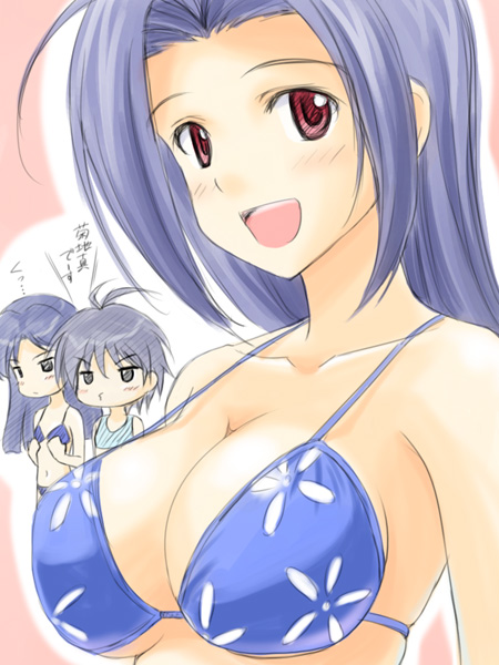 masakichi (crossroad), kikuchi makoto, kisaragi chihaya, miura azusa, idolmaster, idolmaster (classic), idolmaster 1, 00s, 3girls, bikini, bikini top only, breast envy, breasts, huge breasts, large breasts, multiple girls, red eyes, swimsuit