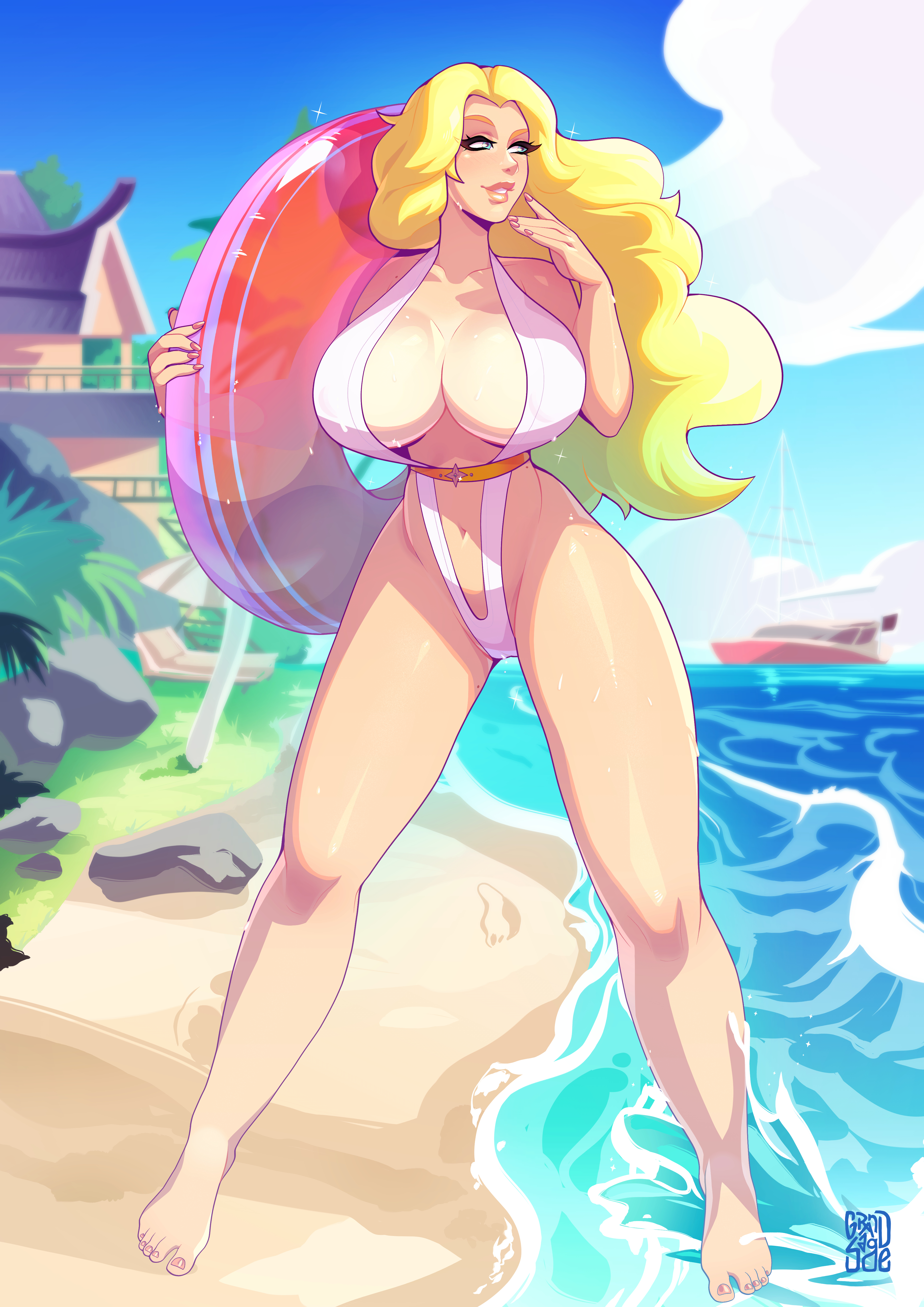 grand-sage, kolin, street fighter, street fighter v, 1girl, beach, blonde hair, blue eyes, boat, breasts, cleavage, cloud, eyelashes, footprints, inflatable raft, large breasts, lips, long hair, nail polish, ocean, palm tree, parted lips, rock, sand, solo, sweat, sweatdrop, swimsuit, thick lips, thick thighs, thighs, tree, watercraft, wavy hair