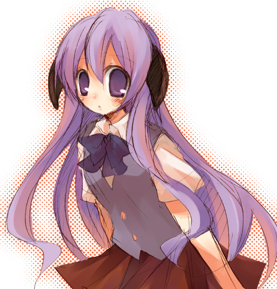 suzushiro kurumi, hanyuu, higurashi no naku koro ni, 00s, 1girl, black bow, black bowtie, bow, bowtie, buttons, cowboy shot, female focus, head wings, long hair, looking at viewer, puffy short sleeves, puffy sleeves, red skirt, shirt, short sleeves, simple background, skirt, solo, very long hair, vest, white background, white shirt, wings