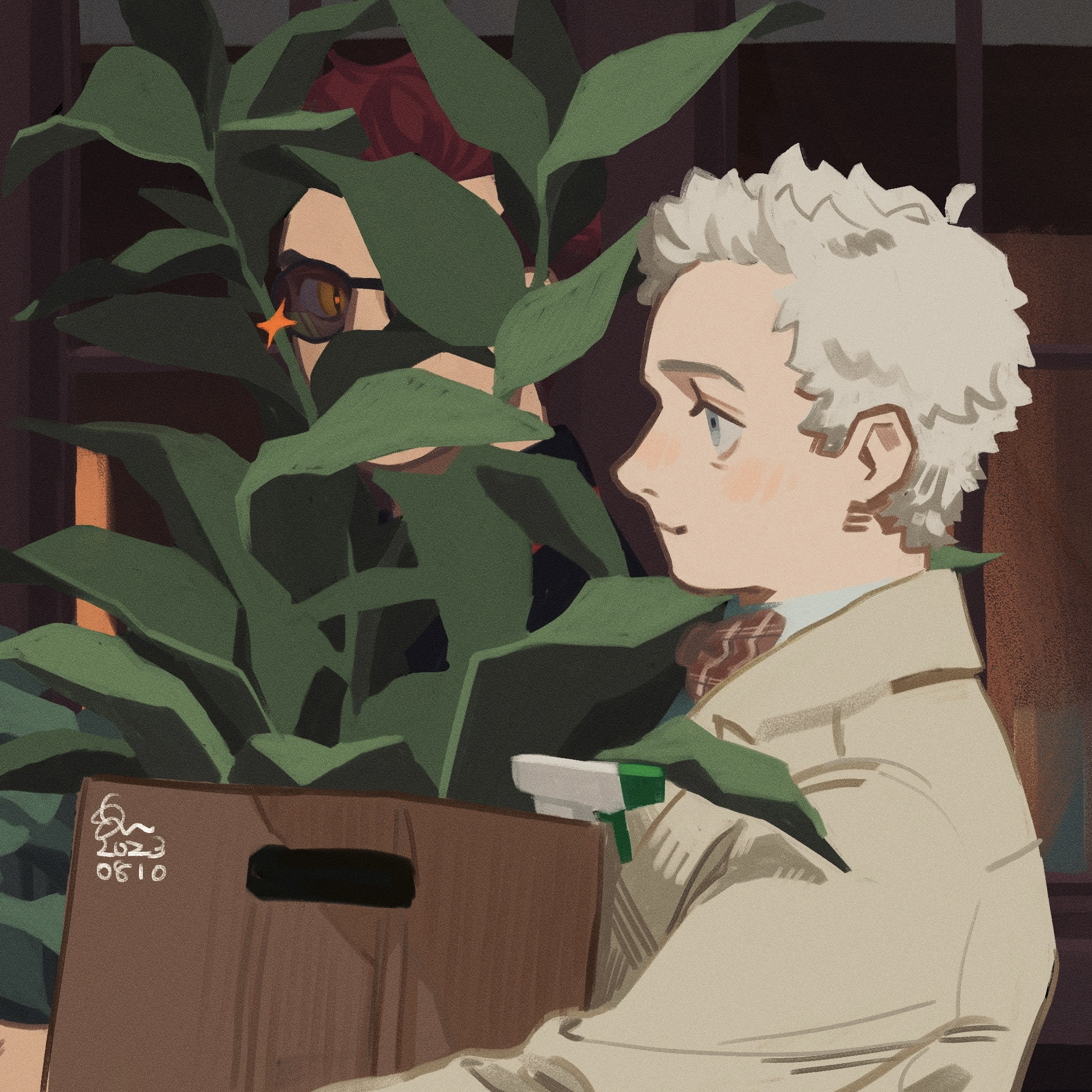 erm nkcn, aziraphale (good omens), crowley (good omens), good omens, commentary request, highres, 2boys, bottle, bow, bowtie, from side, holding, indoors, male focus, multiple boys, one eye covered, plaid bow, plaid bowtie, plaid clothes, plant, potted plant, short hair, spray bottle, white hair