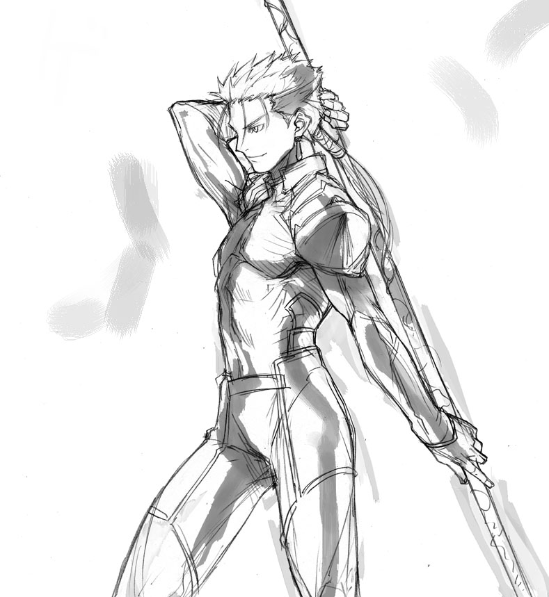 tetsu (kimuchi), cu chulainn (fate), cu chulainn (fate/stay night), cu chulainn (lancer) (fate), fate/stay night, fate (series), 00s, 1boy, earrings, gae bolg (fate), greyscale, jewelry, long hair, male focus, monochrome, polearm, ponytail, solo, spear, weapon