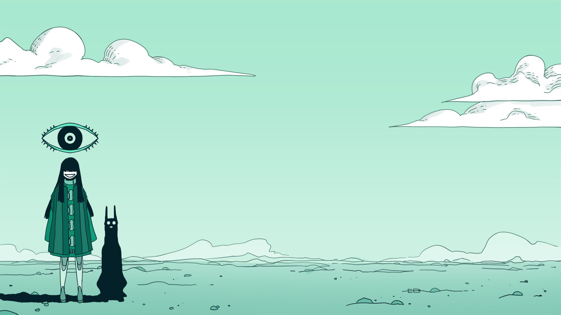 ksteakay, character request, commentary, highres, 1girl, animal, aqua theme, blue sky, blunt bangs, blunt ends, cloak, cloud, day, deadeye deepfake simulacrum, desert, disembodied eye, evil smile, gradient sky, hair over eyes, horizon, jackal, landscape, layered clothes, ligne claire, long hair, monochrome, open mouth, outdoors, rock, shadow, signature, sky, smile