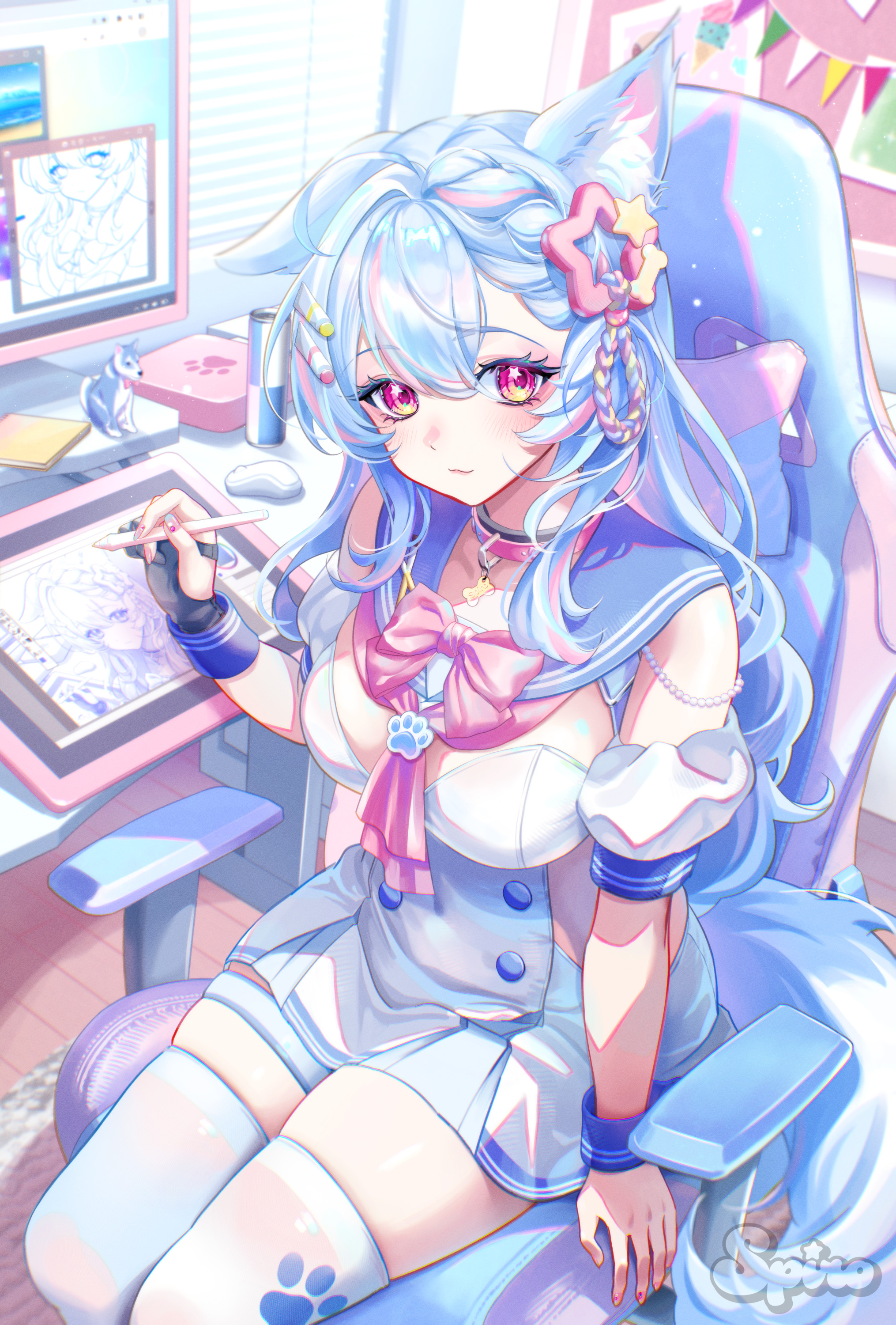 spiro (supirou2052), original, absurdres, highres, 1girl, animal ear fluff, animal ears, artist name, blue hair, blue sailor collar, bow, bowtie, breasts, collar, dress, hair ornament, holding, holding stylus, multicolored hair, paw print, pink bow, pink bowtie, pink collar, pink eyes, pink hair, sailor collar, shadow, sitting, solo, star (symbol), star hair ornament, star in eye, streaked hair, stylus, symbol in eye, tablet pc, thighhighs, white dress, white thighhighs