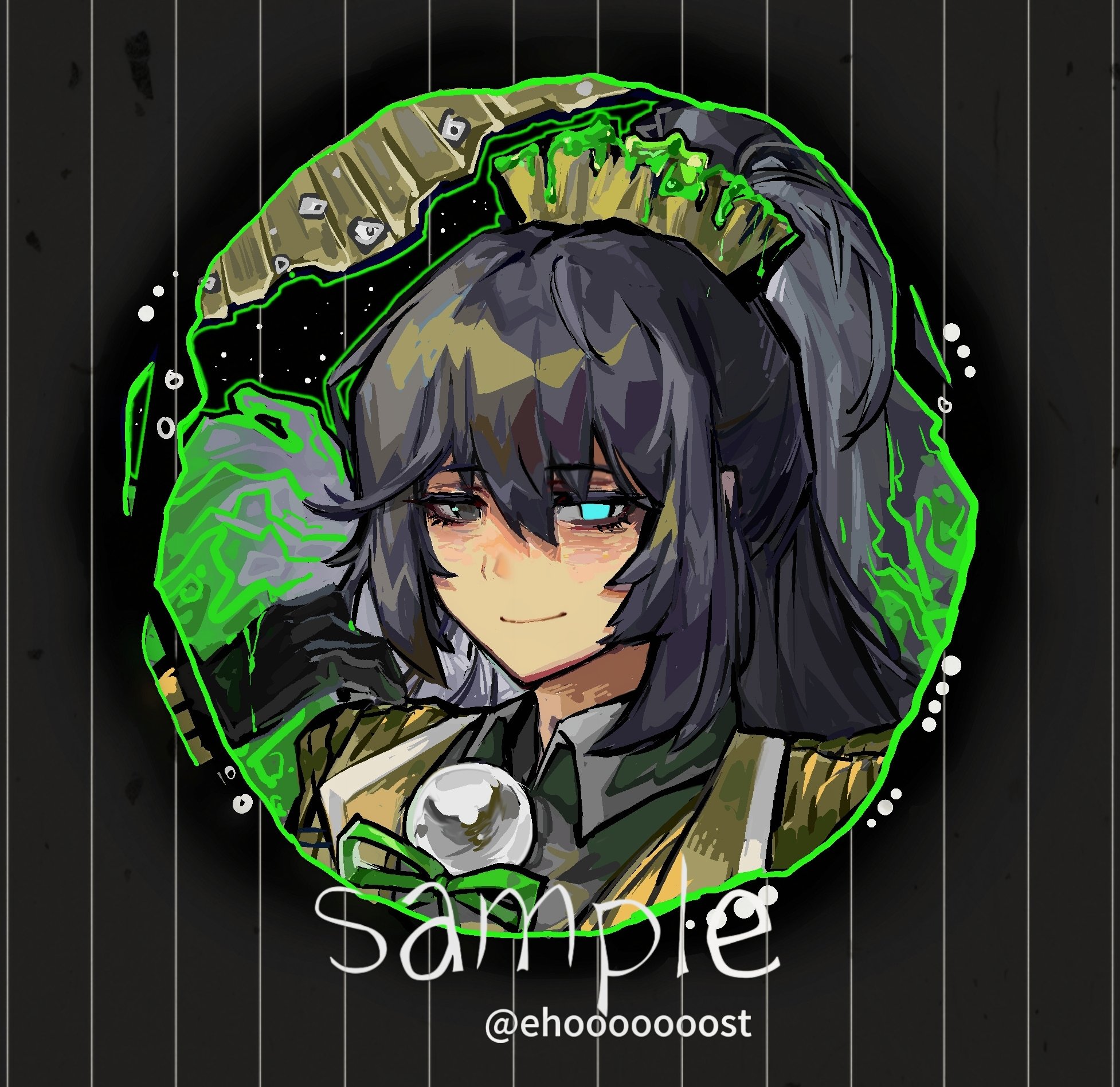 ehooooooost, hong lu (project moon), limbus company, project moon, highres, 1boy, black eyes, black gloves, black hair, black shirt, blue eyes, collared shirt, e.g.o (project moon), effervescent corrosion (e.g.o), gem, gloves, green ribbon, grey background, heterochromia, high ponytail, long hair, looking at viewer, male focus, pearl (gemstone), ponytail, ribbon, sample watermark, shirt, simple background, slime (substance), solo, upper body, watermark