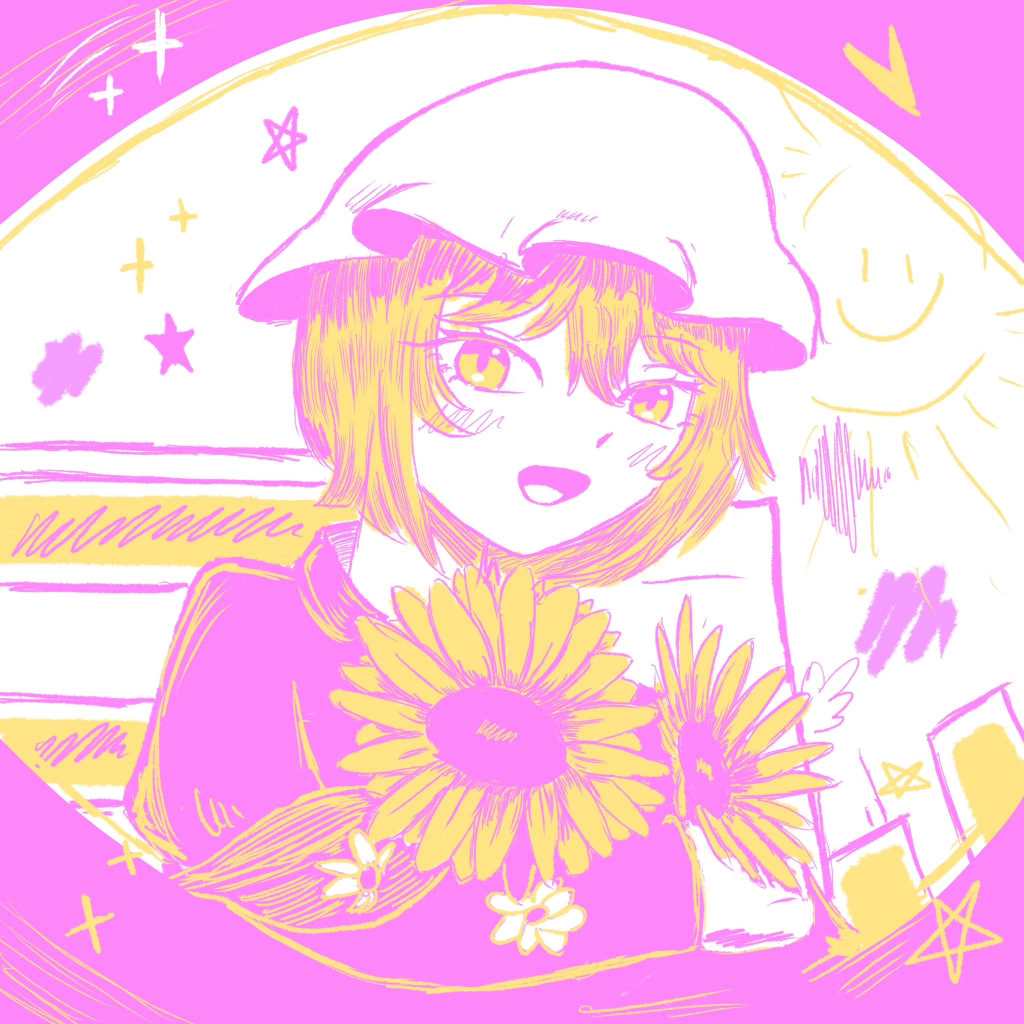 maribel hearn, touhou, highres, 1girl, blush, city, collar, drawn smile, dress, fisheye, flower, hair between eyes, happy, hat, mob cap, multicolored eyes, open mouth, purple dress, purple eyes, short hair, simple background, solo, star (symbol), sunflower, white hat, wrell, yellow eyes