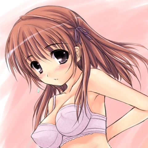 uni8, lowres, 1girl, black eyes, blush, bra, breasts, brown hair, covered erect nipples, female focus, lingerie, long hair, medium breasts, solo, underwear