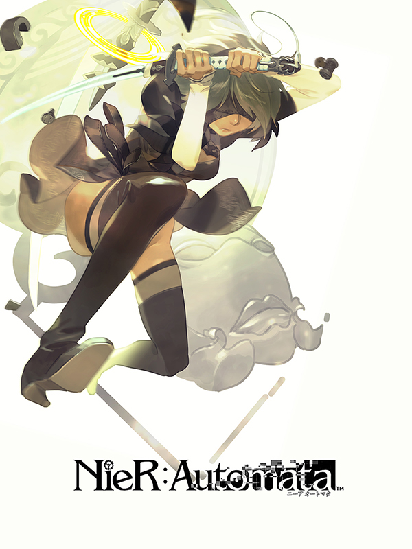 kinggainer, 2b (nier:automata), nier:automata, nier (series), commentary, english commentary, mixed-language commentary, 1girl, black hairband, blindfold, copyright name, covered eyes, hairband, holding, holding sword, holding weapon, short hair, solo, sword, weapon, white background, white hair