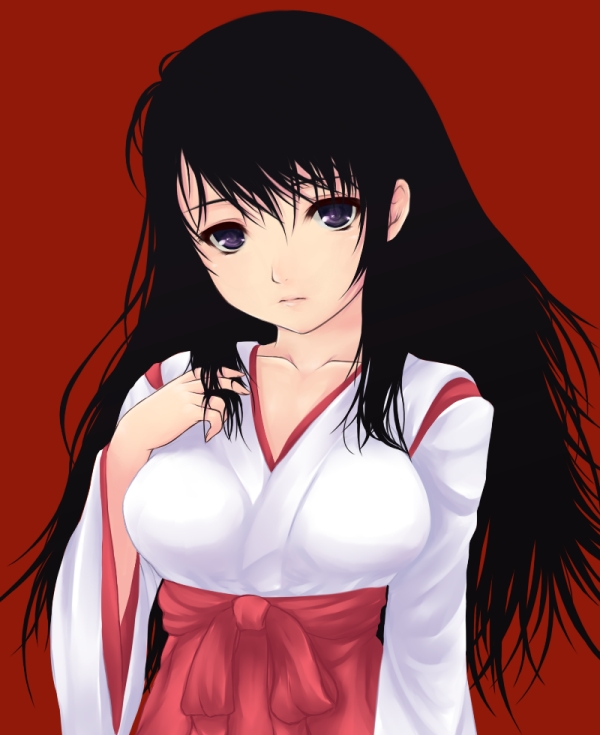 uni8, 1girl, black hair, breasts, collarbone, female focus, frown, hakama, hakama skirt, hand in own hair, hand on own chest, japanese clothes, kimono, long hair, medium breasts, messy hair, miko, purple eyes, red background, red hakama, simple background, skirt, solo, upper body