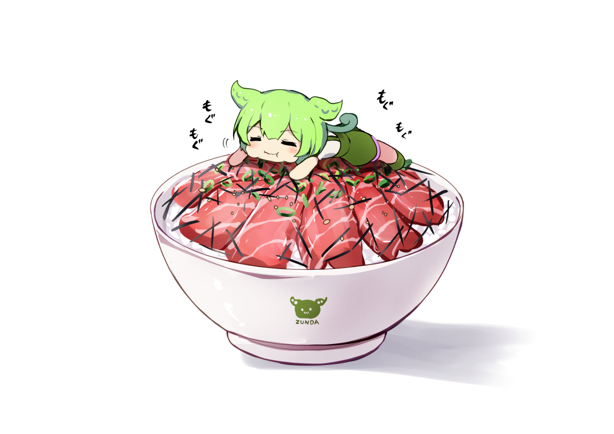 se-u-ra, zundamon, voiceroid, voicevox, commentary request, 1girl, :t, bowl, closed eyes, closed mouth, food, full body, green hair, green shorts, long hair, low ponytail, meat, mini person, minigirl, pea pod, ponytail, rice, shirt, shorts, simple background, solo, suspenders, white background, white shirt