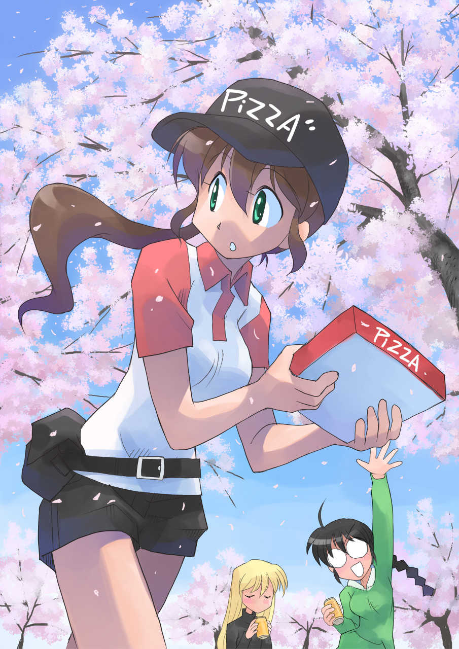 masuki, original, highres, 3girls, ahoge, arm up, belt, belt pouch, black belt, black hair, black shorts, black sweater, blonde hair, blue sky, box, braid, breasts, can, cherry blossoms, closed eyes, collared shirt, delivery, employee uniform, falling petals, fast food uniform, glasses, green eyes, green hoodie, hair between eyes, hamachi (masuki), hand up, hands up, holding, holding box, holding can, hood, hoodie, leaning forward, long hair, looking to the side, medium breasts, multiple girls, nerima mari, open mouth, outdoors, parted lips, petals, pink petals, pizza box, pizza delivery, ponco (masuki), ponytail, pouch, round eyewear, searching, shirt, short shorts, shorts, sky, smile, standing, sweater, tree, turtleneck, turtleneck sweater, twin braids, twintails, waving