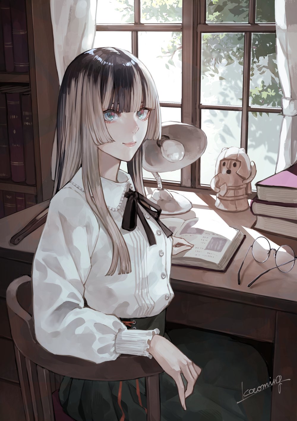 kaoming, juufuutei raden, hololive, hololive dev is, commentary request, highres, 1girl, alternate costume, aqua eyes, black bow, black bowtie, black hair, blonde hair, blouse, blunt bangs, blunt ends, book, book stack, bookshelf, bow, bowtie, chair, closed mouth, collared shirt, curtains, desk, desk lamp, dress shirt, green skirt, haniwa (statue), high-waist skirt, hime cut, indoors, lamp, lips, long hair, long sleeves, looking at viewer, multicolored hair, on chair, open book, round eyewear, shirt, shirt tucked in, signature, sitting, skirt, solo, straight hair, string bowtie, two-tone hair, unworn eyewear, virtual youtuber, white shirt, window, wooden chair, wooden desk