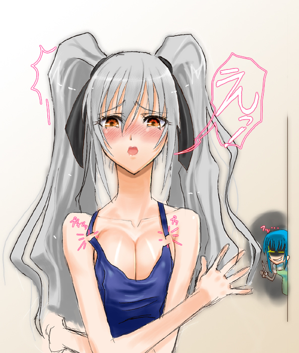 makaroni, hanazono shizuma, suzumi tamao, strawberry panic!, eyebrows, 00s, 2girls, bare shoulders, blue hair, blush, bow, breasts, breasts squeezed together, cleavage, collarbone, crossed arms, embarrassed, eyelashes, gradient background, hair bow, hair ornament, half-closed eyes, large breasts, long hair, multiple girls, one-piece swimsuit, open mouth, orange eyes, school swimsuit, shiny skin, simple background, solo focus, swimsuit, twintails, two side up, upper body