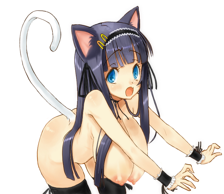 makaroni, animal ears, breasts, cat ears, cat tail, huge breasts, nipples, nude, solo, tail, thighhighs
