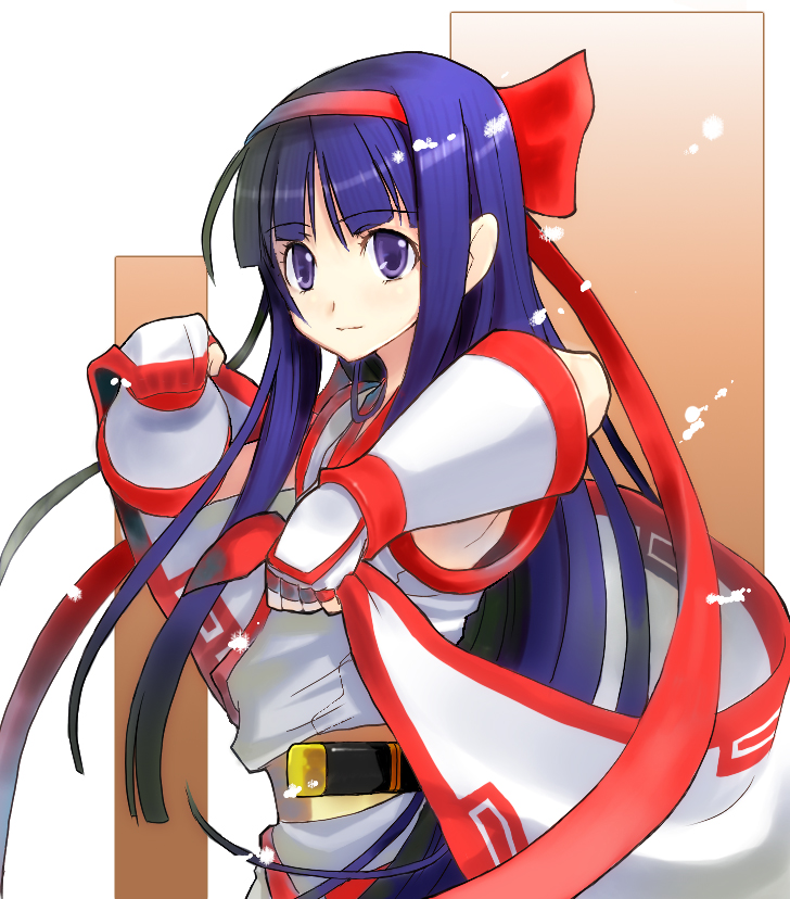 makaroni, nakoruru, samurai spirits, 1girl, armor, belt, blue eyes, blue hair, bow, buckle, clenched hand, cowboy shot, faulds, female focus, gauntlets, hairband, long hair, looking at viewer, matching hair/eyes, red bow, solo, upper body, very long hair
