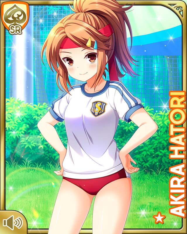 qp:flapper, hatori akira, girlfriend (kari), official art, tagme, 1girl, brown eyes, brown hair, buruma, card (medium), character name, closed mouth, day, hair ornament, hairclip, outdoors, ponytail, red buruma, shirt, smile, solo, sportswear, standing, white shirt