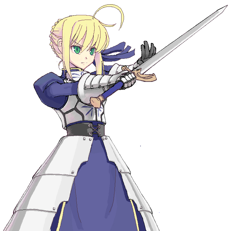 makaroni, artoria pendragon (fate), saber (fate), fate/stay night, fate (series), 00s, armor, armored dress, braid, braided bun, dress, hair bun, solo, sword, weapon
