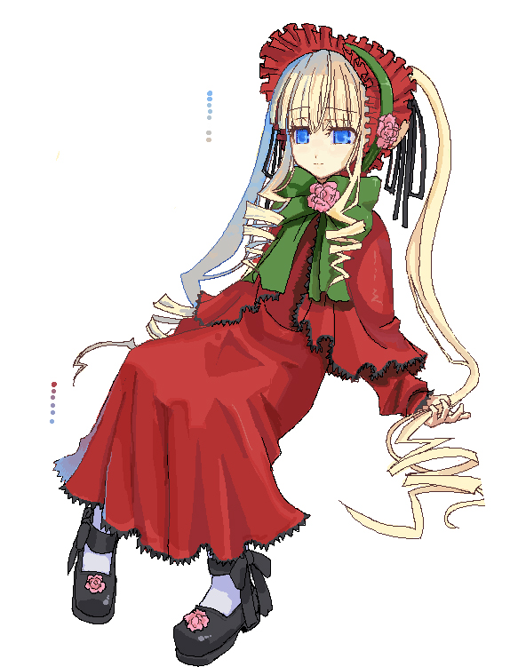 makaroni, shinku, rozen maiden, 00s, 1girl, blonde hair, bonnet, bow, bowtie, capelet, drill hair, female focus, flower, green bow, green bowtie, long hair, long sleeves, looking at viewer, pigeon-toed, red flower, red rose, rose, sidelocks, simple background, solo, twin drills, twintails, very long hair, white background