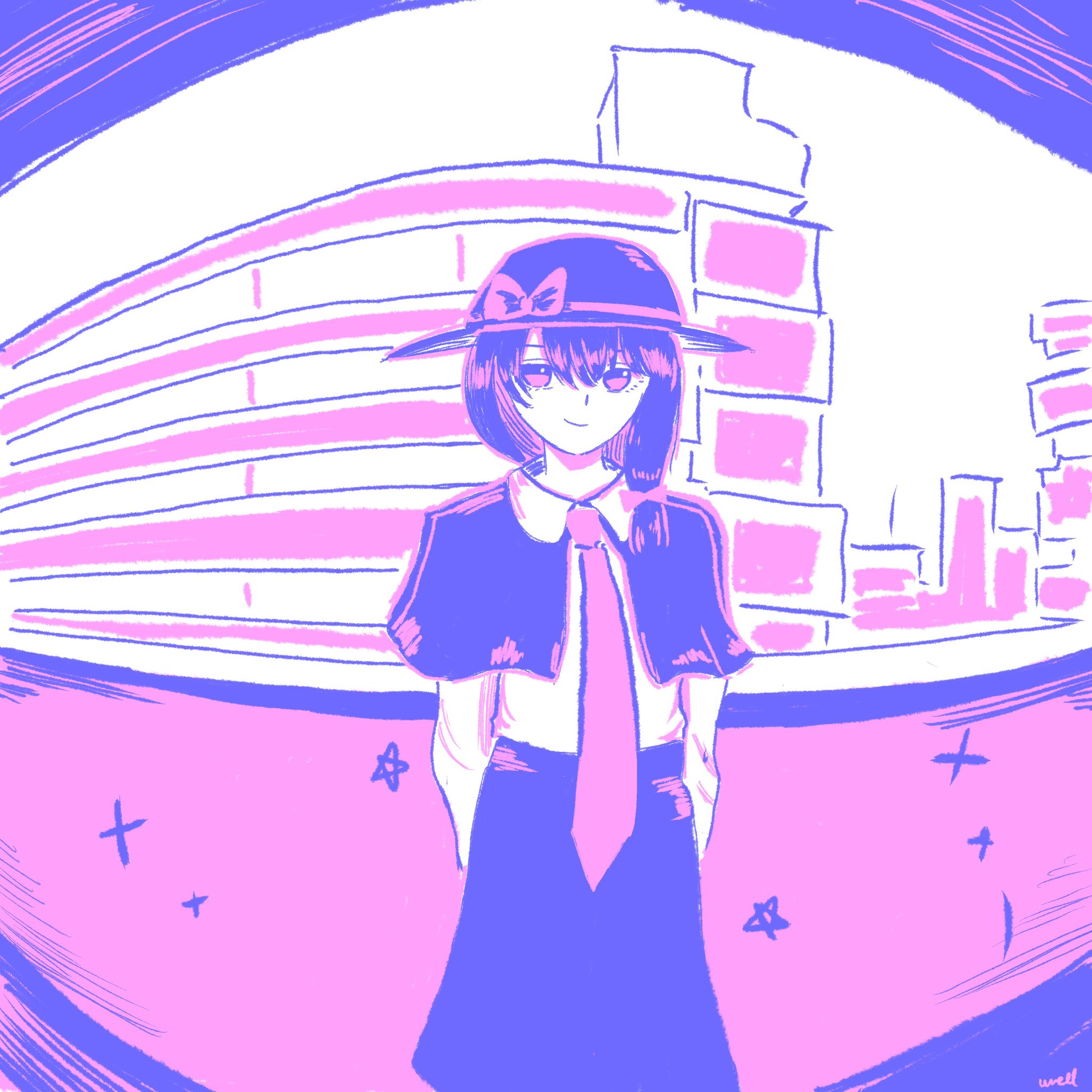 usami renko, touhou, highres, 1girl, arms behind back, artist name, black capelet, black hair, black hat, black skirt, bow, capelet, city, closed mouth, collar, fedora, fisheye, hair between eyes, hair ribbon, hat, hat bow, multicolored eyes, necktie, ribbon, shirt, skirt, solo, standing, star (symbol), three-toned background, white collar, white shirt, wrell