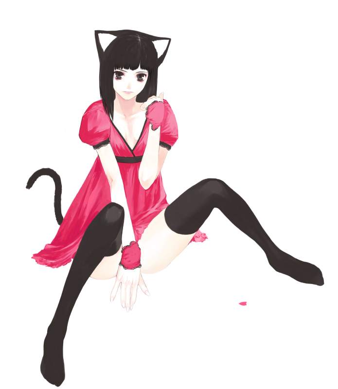 es (cah60700), original, 1girl, animal ears, black thighhighs, cat ears, dress, female focus, pink dress, simple background, sitting, solo, thighhighs, white background, zettai ryouiki