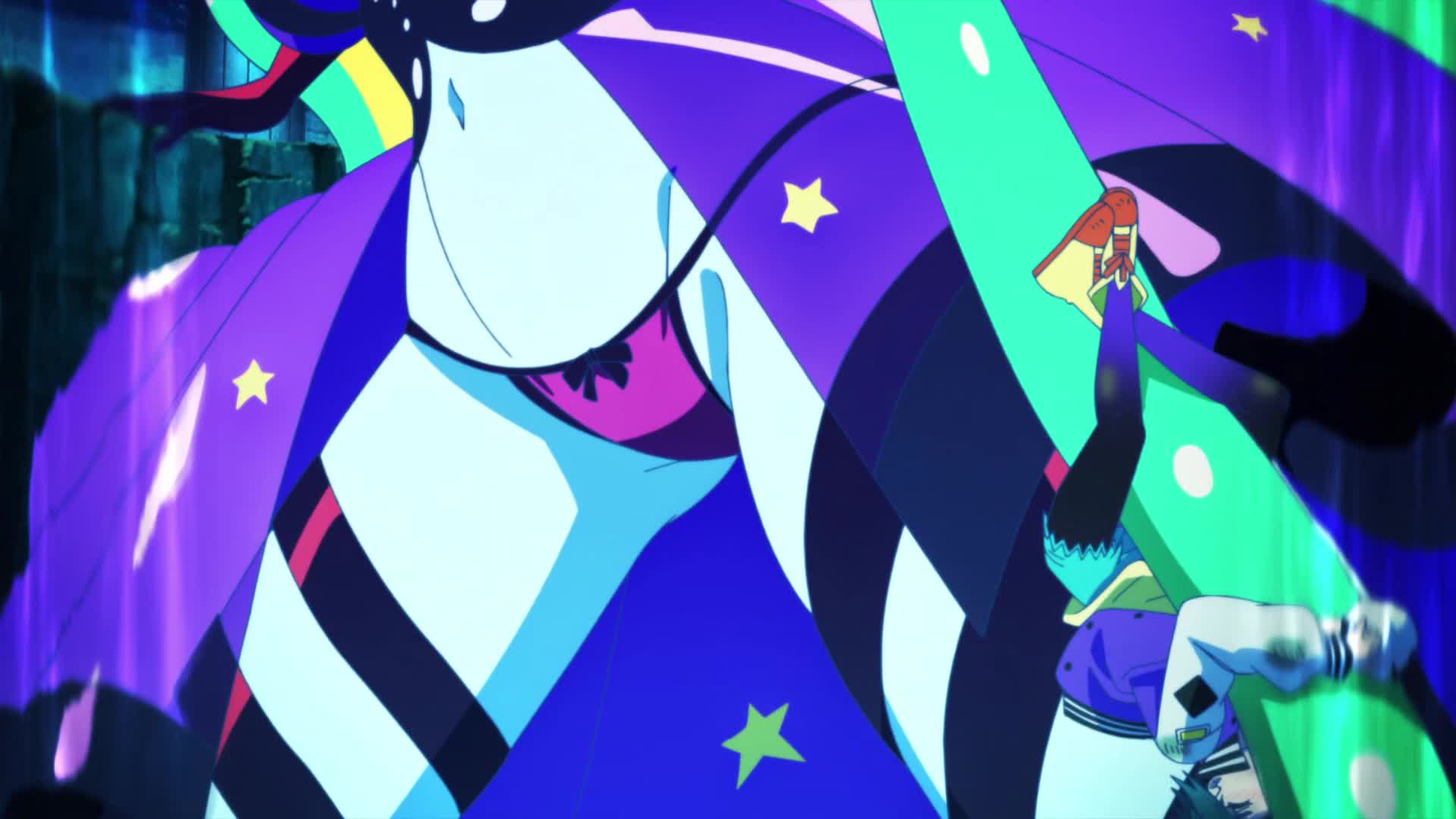 cthulhu (necronomico no cosmic horror show), kurono miko (necronomico no cosmic horror show), mayusaka mayu, cygames, necronomico no cosmic horror show, animated, anime screenshot, highres, sound, tagme, video, 2girls, black gloves, black hair, blonde hair, breasts, colored skin, dress, elbow gloves, eldritch abomination, giant, giantess, gloves, gradient hair, green hair, green skin, large breasts, multicolored hair, multiple girls, navel, panties, possessed, possession, purple dress, red eyes, red hair, red panties, revealing clothes, short hair, star-shaped pupils, star (symbol), stomach, symbol-shaped pupils, thighs, underwear