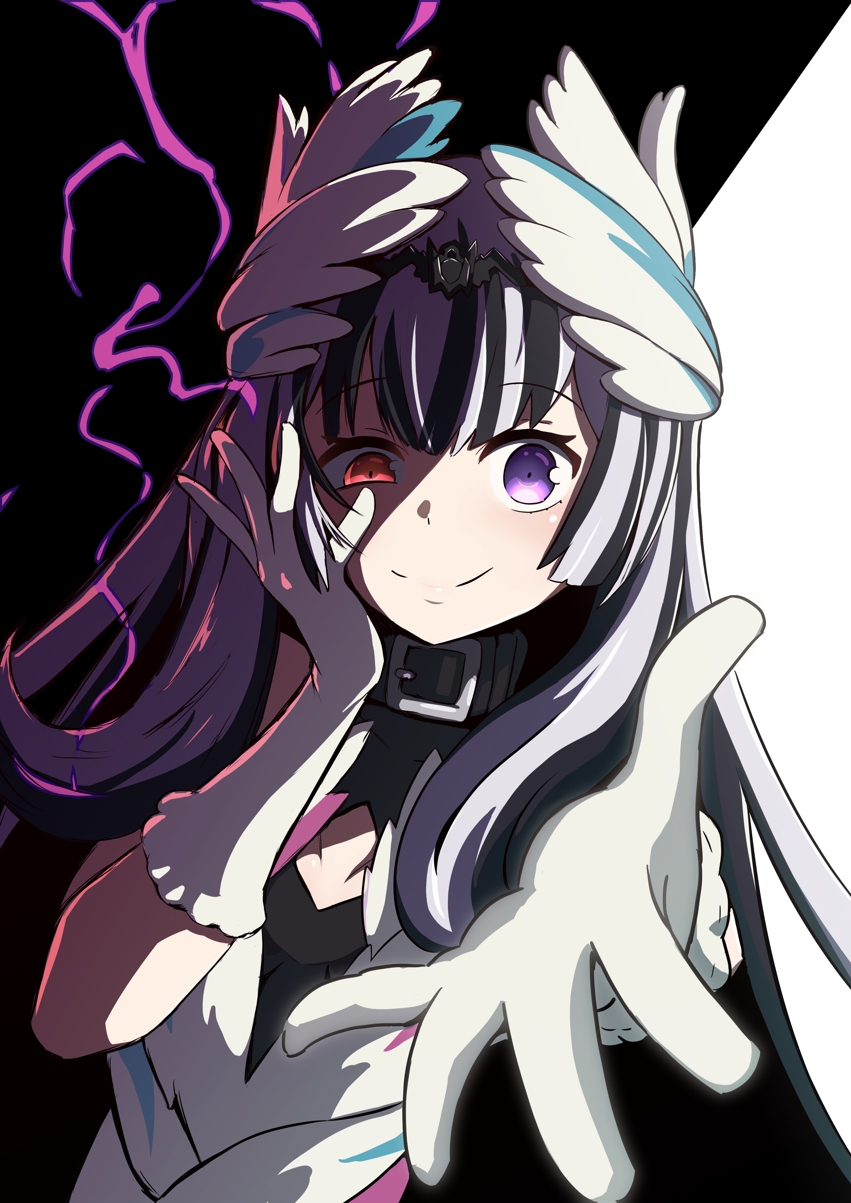 cianter, veyle (fire emblem), fire emblem, fire emblem engage, nintendo, absurdres, highres, 1girl, black choker, black hair, choker, dark persona, dual persona, evil smile, feather dress, hair ornament, heterochromia, long hair, looking at viewer, multicolored hair, official alternate eye color, purple eyes, red eyes, smile, solo, split-color hair, two-tone hair, white hair, wing hair ornament