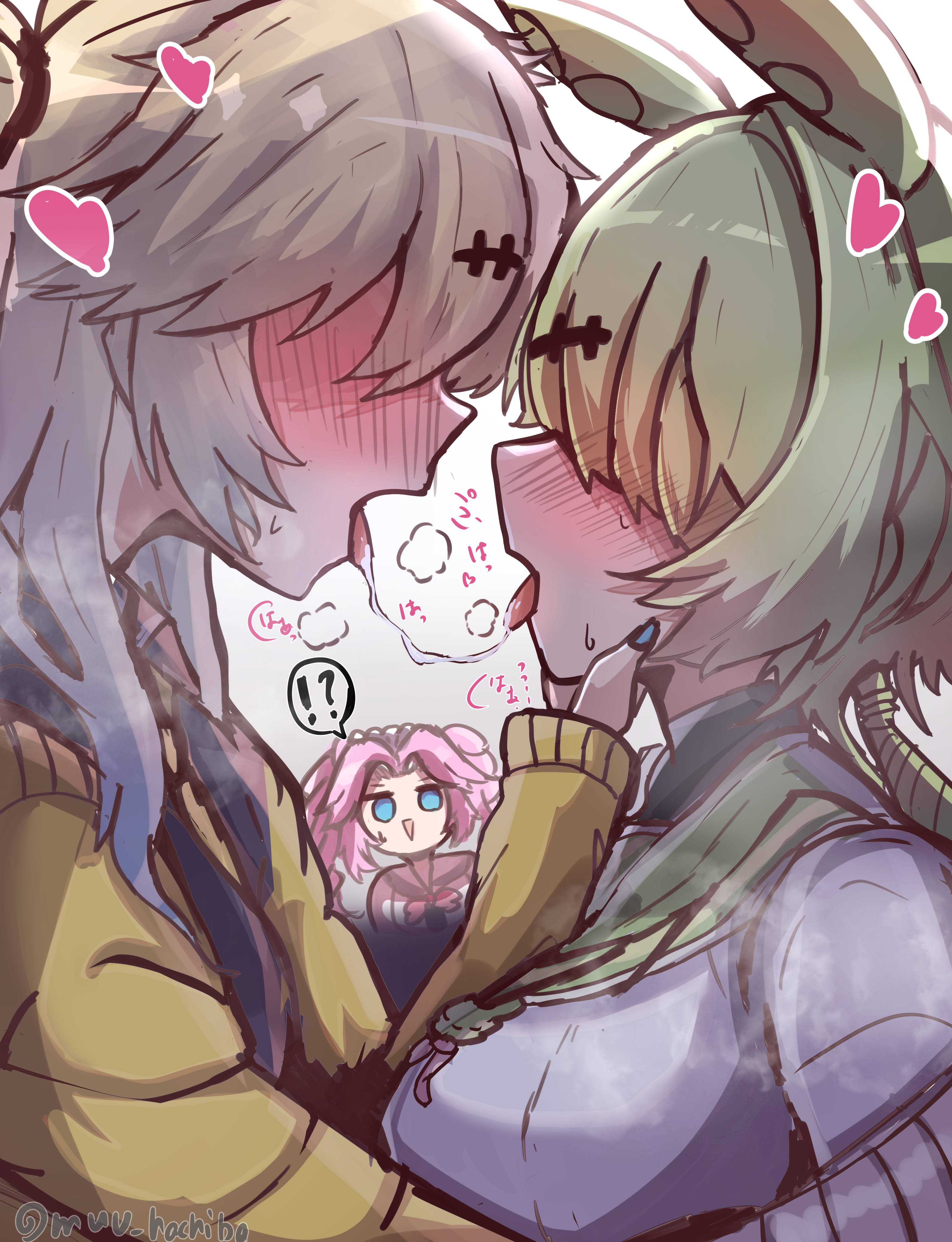 muu hachiba, kasukabe tsumugi, shikoku metan, zundamon, voiceroid, voicevox, absurdres, commentary request, highres, !?, 3girls, after kiss, blush, breasts, cardigan, green hair, grey background, grey hair, hair over eyes, hand on another's chin, long hair, looking at another, low ponytail, medium breasts, multiple girls, nose blush, open mouth, pea pod, pink hair, ponytail, profile, saliva, saliva trail, shirt, simple background, upper body, white shirt, yellow cardigan, yuri