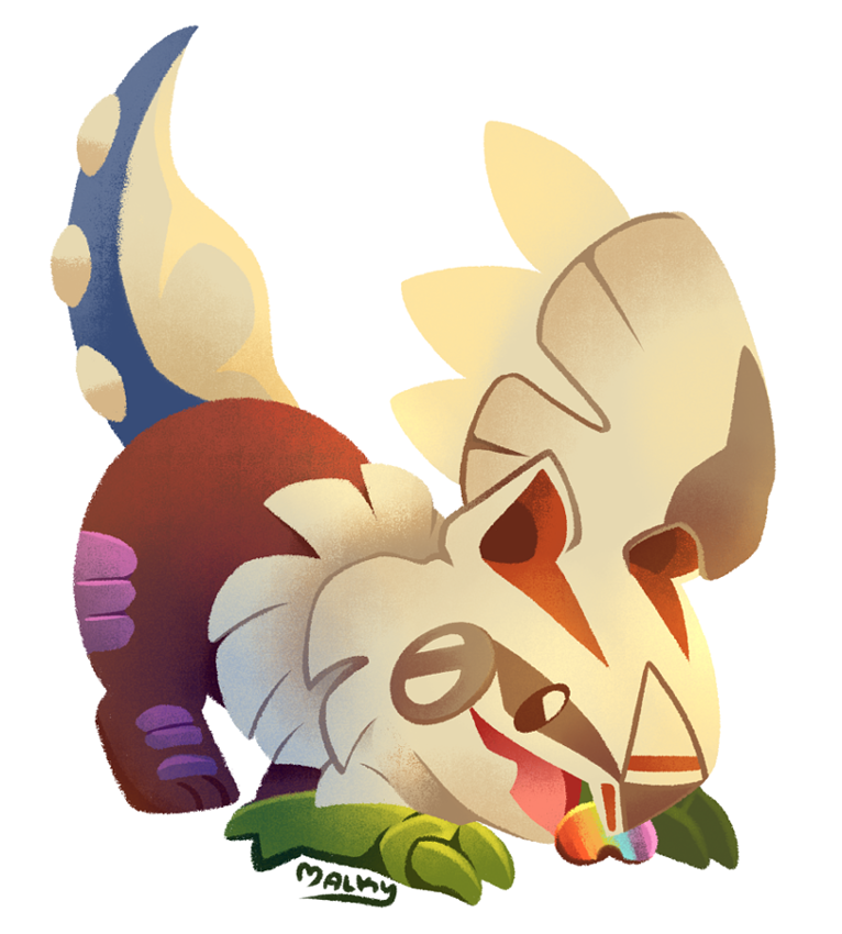 malky (malkshake), silvally, nintendo, pokemon, commentary, english commentary, animal focus, black eyes, eating, full body, gen 7 pokemon, legendary pokemon, no humans, open mouth, poke bean, pokemon (creature), signature, simple background, solo, white background