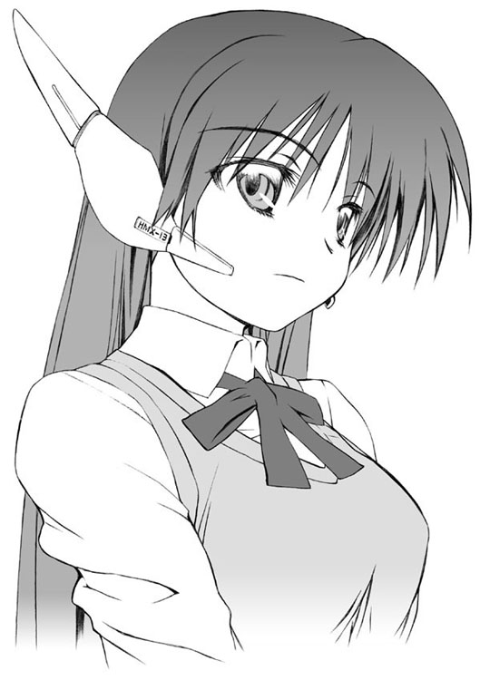 yamaguchi homupe, serio (to heart), to heart, to heart (series), 1girl, bow, bowtie, close-up, female focus, greyscale, headgear, long hair, looking at viewer, monochrome, shirt, simple background, smile, solo, sweater vest, upper body, white background